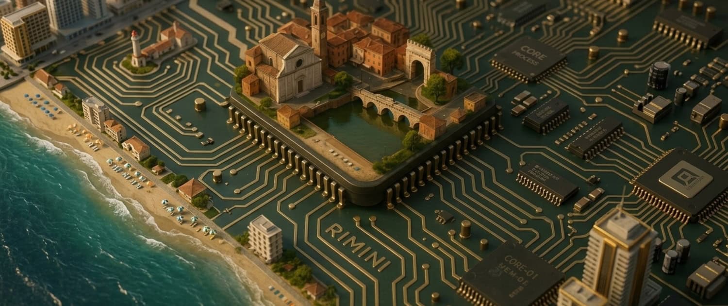 Modellazione creativa in intelligenza artificiale con i monumenti storici di Rimini su un microchip tecnologico